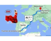 Die Collage zeigt die Route des Transports des Monats der KDE Transport GmbH von Nürnberg nach Spanien.