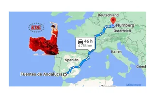Die Collage zeigt die Route des Transports des Monats der KDE Transport GmbH von Nürnberg nach Spanien.
