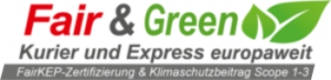 F&G Webseite schräg Das Fair & Green Logo der KDE Transport GmbH steht für die FairKEP-Zertifizierung des Unternehmens und seine Bemühungen um den Klimaschutz u.a. durch einen Klimaschutzbeitrag von Scope 1-3