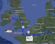 Ausschnitt von Google Maps auf dem die Route der Fähre gekennzeichnet ist, mit der England umfahren werden kann.