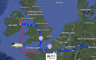 Ausschnitt von Google Maps auf dem die Route der Fähre gekennzeichnet ist, mit der England umfahren werden kann.
