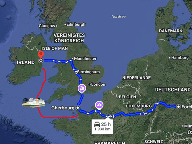 Ausschnitt von Google Maps auf dem die Route der Fähre gekennzeichnet ist, mit der England umfahren werden kann.